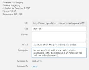 A screenshot of the image tags on WordPress for SEO.